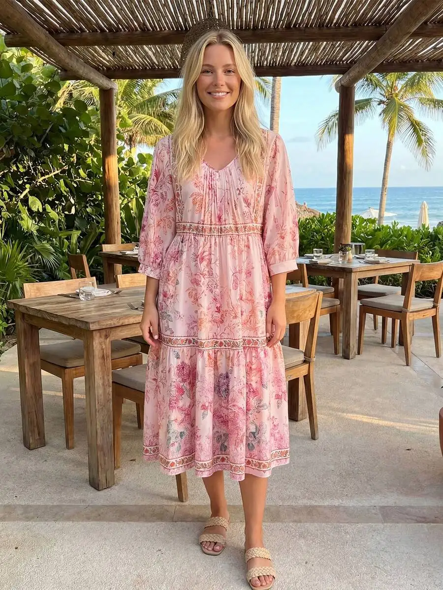 Women Spring Summer Midi Dress 3/4 Sleeve V-Neck Loose Boho Floral Print Vacation Dress
Women Spring Summer Midi Dress 3/4 Sleeve V-Neck Loose Boho Floral Print Vacation Dress