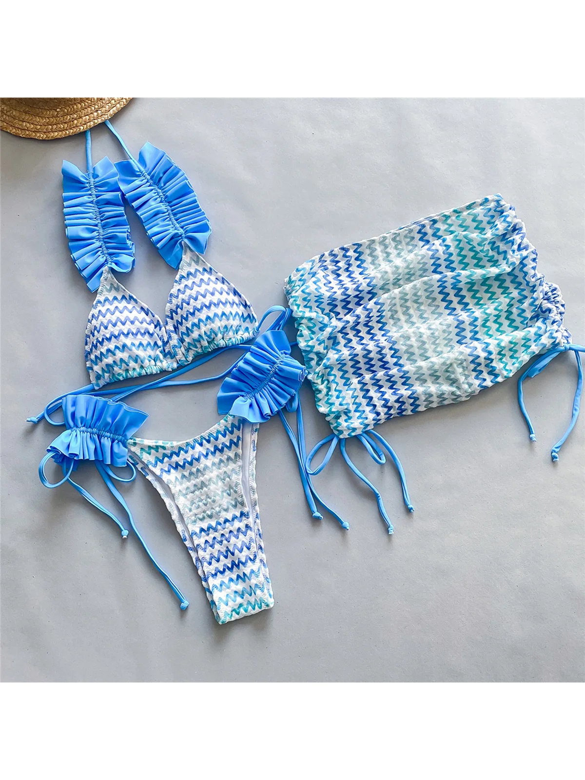 Blue Three-pieces Bikini set With Skirt Waved Ruffled Frilled Bikini Female Swimsuit Women Swimwear Bather Bathing Suit V5235C
Blue Three-pieces Bikini set With Skirt Waved Ruffled Frilled Bikini Female Swimsuit Women Swimwear Bather Bathing Suit V5235C