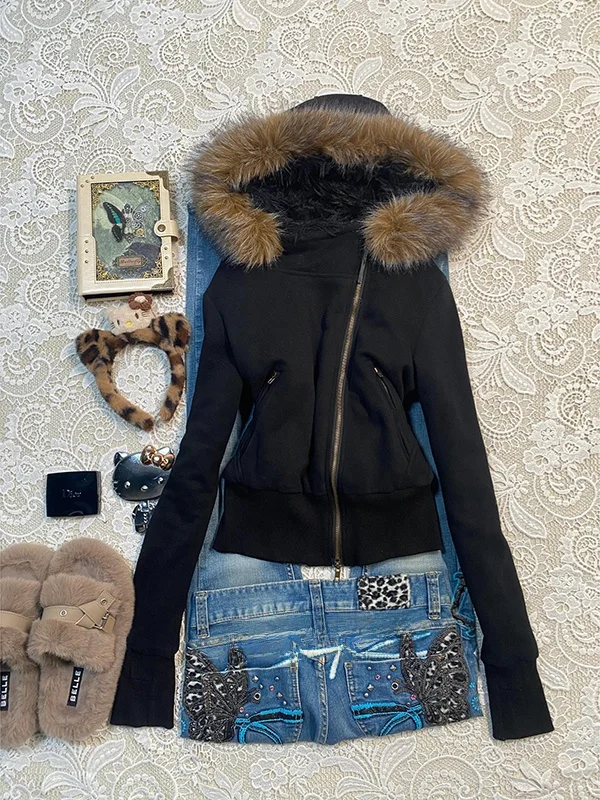 Slim Fit Hooded Sweatshirt Women's Black Fur Collar Jacket Cool Style American Retro Outerwear Straight Tube Type Long Sleeve
Slim Fit Hooded Sweatshirt Women's Black Fur Collar Jacket Cool Style American Retro Outerwear Straight Tube Type Long Sleeve