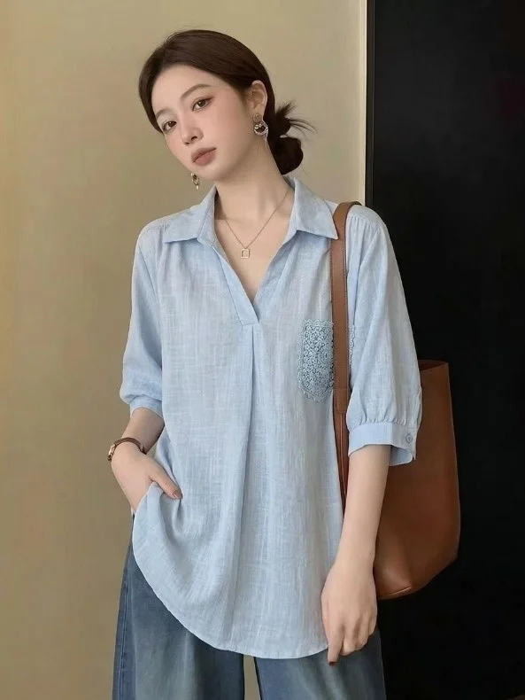 Light Blue V-Neck Short Sleeve Shirt Women's Summer New Style plus Size Midi Top Korean Style Commute Wind Loose Fit
Light Blue V-Neck Short Sleeve Shirt Women's Summer New Style plus Size Midi Top Korean Style Commute Wind Loose Fit
