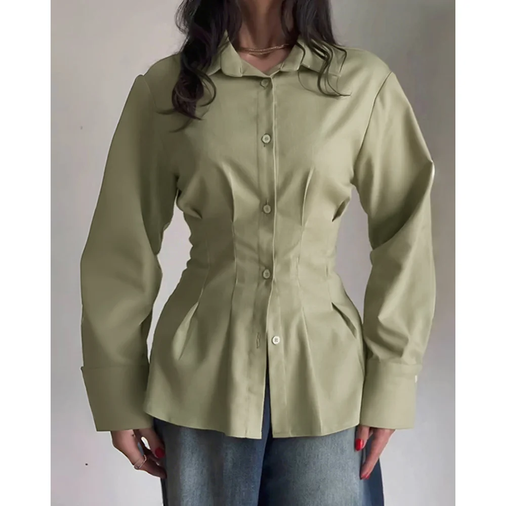 2025 женская блузка с отложным воротником и длинными рукавами на пуговицах спереди, повседневная рубашка с перекрещенными завязками на спине, рубашка «рыбий хвост» для повседневной носки 
2025 женская блузка с отложным воротником и длинными рукавами на пуговицах спереди, повседневная рубашка с перекрещенными завязками на спине, рубашка «рыбий хвост» для повседневной носки