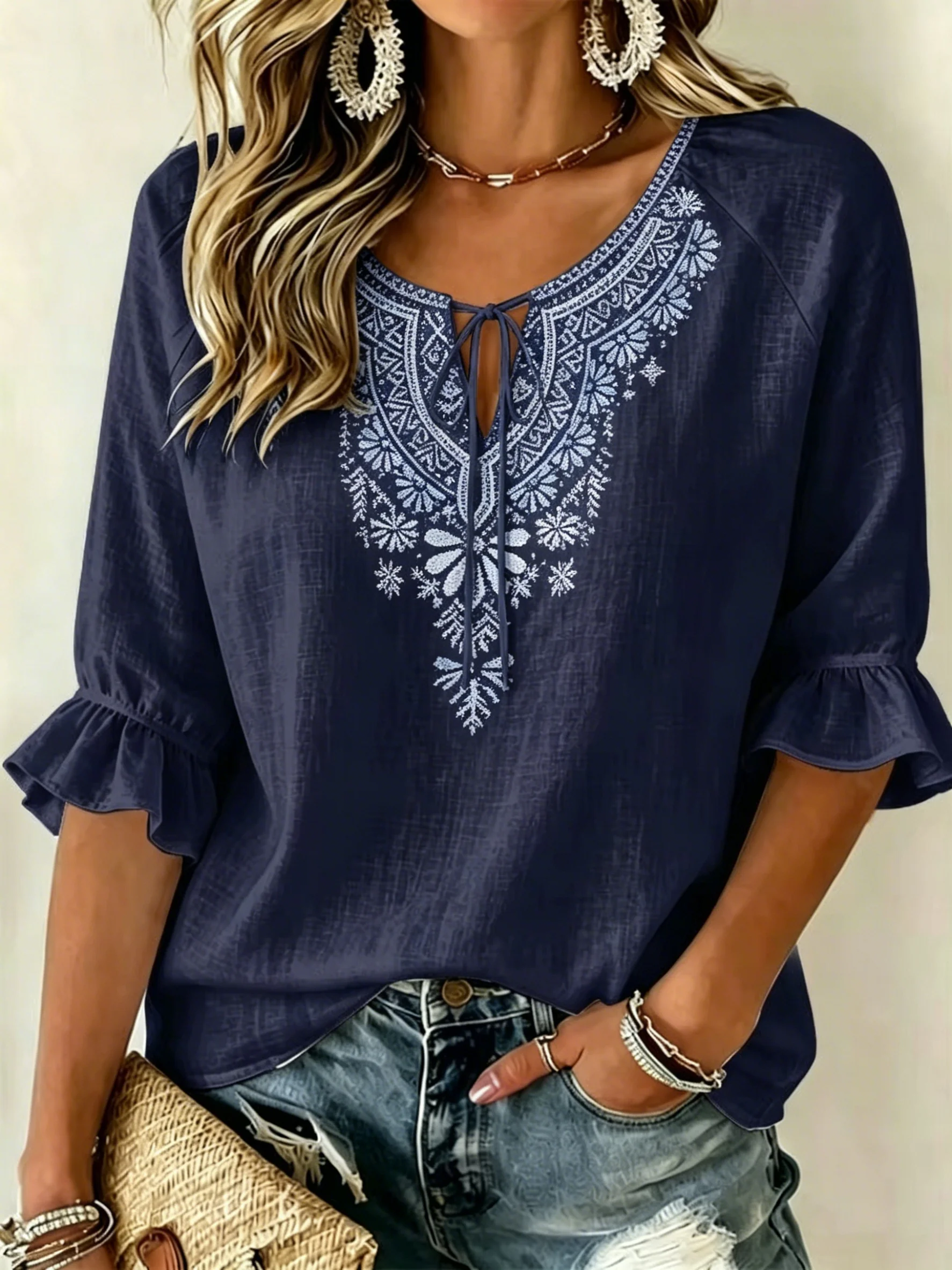 Women's Spring Summer Casual Blouse, Navy Tribal Print Tops for Daily Street Holiday Dating & Leisure Outfit
Women's Spring Summer Casual Blouse, Navy Tribal Print Tops for Daily Street Holiday Dating & Leisure Outfit