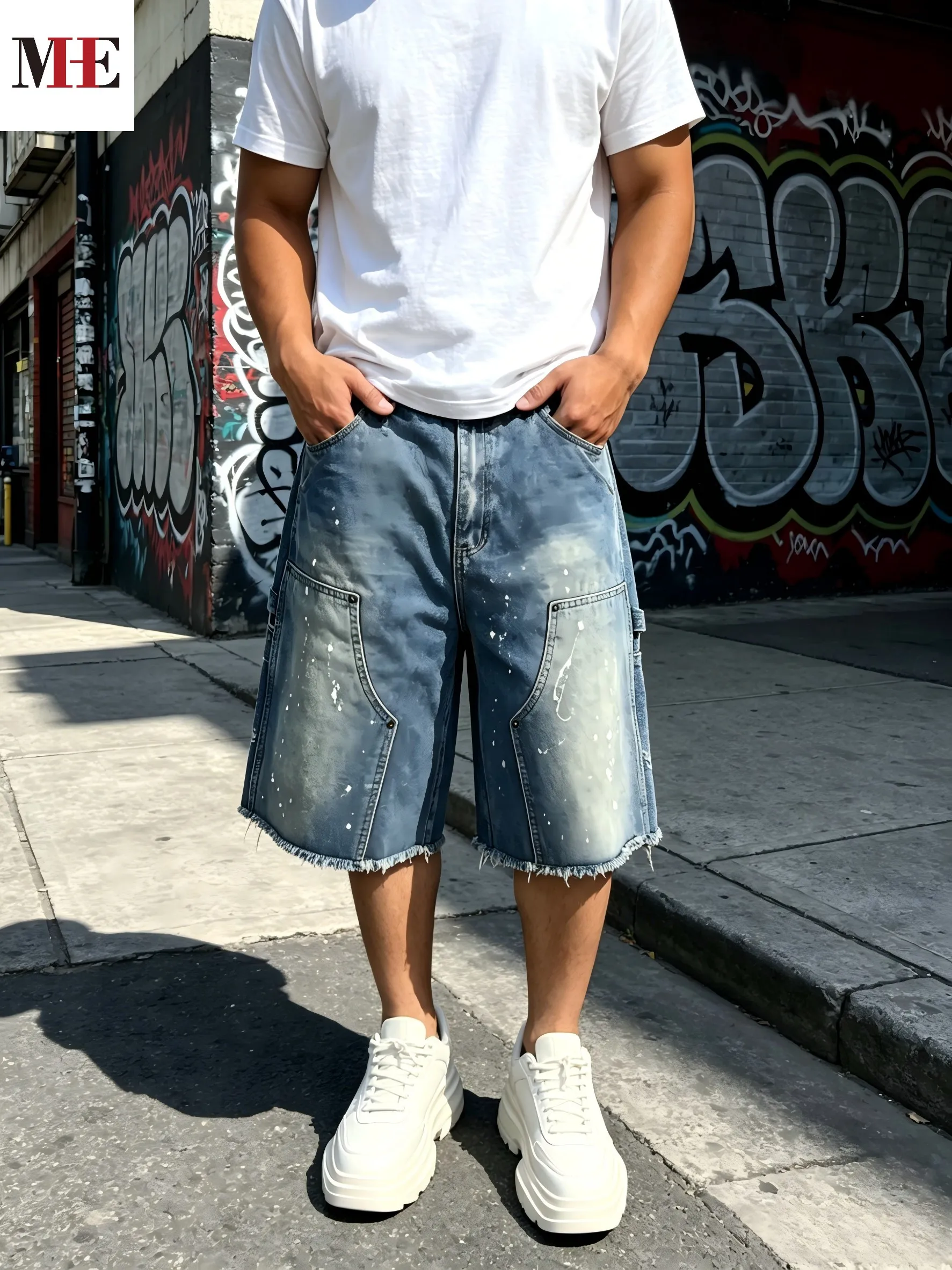 HME Men's Workwear Denim Pants, Light Blue Cargo Shorts with Paint Splatter for Street Style
HME Men's Workwear Denim Pants, Light Blue Cargo Shorts with Paint Splatter for Street Style