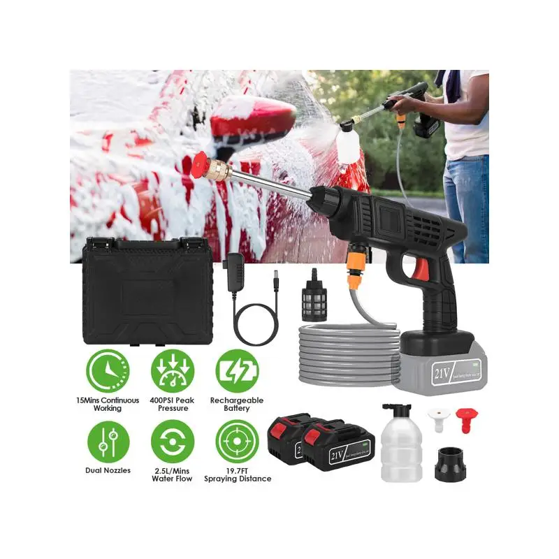 Cordless Pressure Washer 400 PSI, 300W Portable Power Washer with Dual Nozzles & Foam Bottle, 1200mAh Rechargeable Battery for
Cordless Pressure Washer 400 PSI, 300W Portable Power Washer with Dual Nozzles & Foam Bottle, 1200mAh Rechargeable Battery for