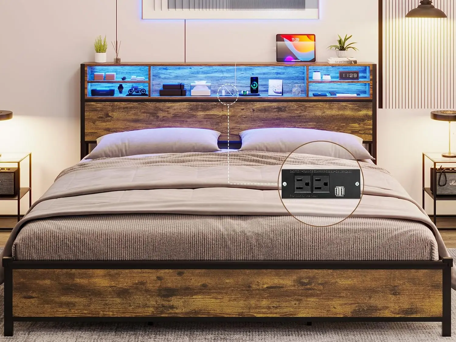 King Size Bed Frame with Storage Headboard, King Bed Frame with USB Ports & Charging Outlets,No Box Spring Needed,Vintage Brown
King Size Bed Frame with Storage Headboard, King Bed Frame with USB Ports & Charging Outlets,No Box Spring Needed,Vintage Brown