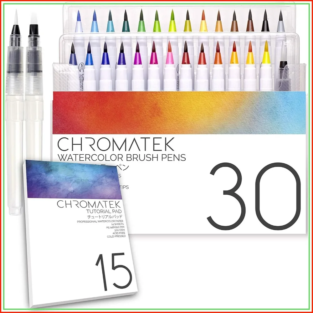 30 Watercolor Brush Pens Set with Tutorial Pad & Online Video Lessons - 27 Colors + 3 Aqua Brushes - Blendable Artist Quality
30 Watercolor Brush Pens Set with Tutorial Pad & Online Video Lessons - 27 Colors + 3 Aqua Brushes - Blendable Artist Quality