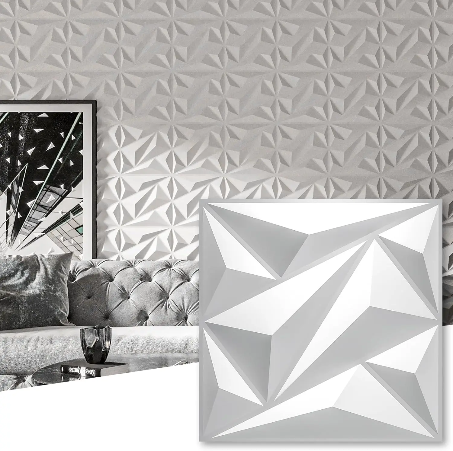 50 Pack Diamond 3D Wall Panels for Interior Decor, PVC Textured Panels for Living Room Bedroom Office, White 12x12 Inch
50 Pack Diamond 3D Wall Panels for Interior Decor, PVC Textured Panels for Living Room Bedroom Office, White 12x12 Inch