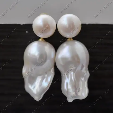 MTC·STARZ 23mm White Round Baroque Reborn Keshi Pearl Dangle Earring Custom Jewelry (Z13563 )