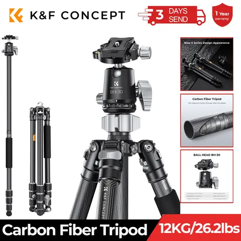 K&F Concept 68''/1.7m Carbon Fiber Tripod with 12KG/26.2lbs Ball Head For Nikon Canon Sony DSLR Camera Tripod Stand X254C4+BH-30