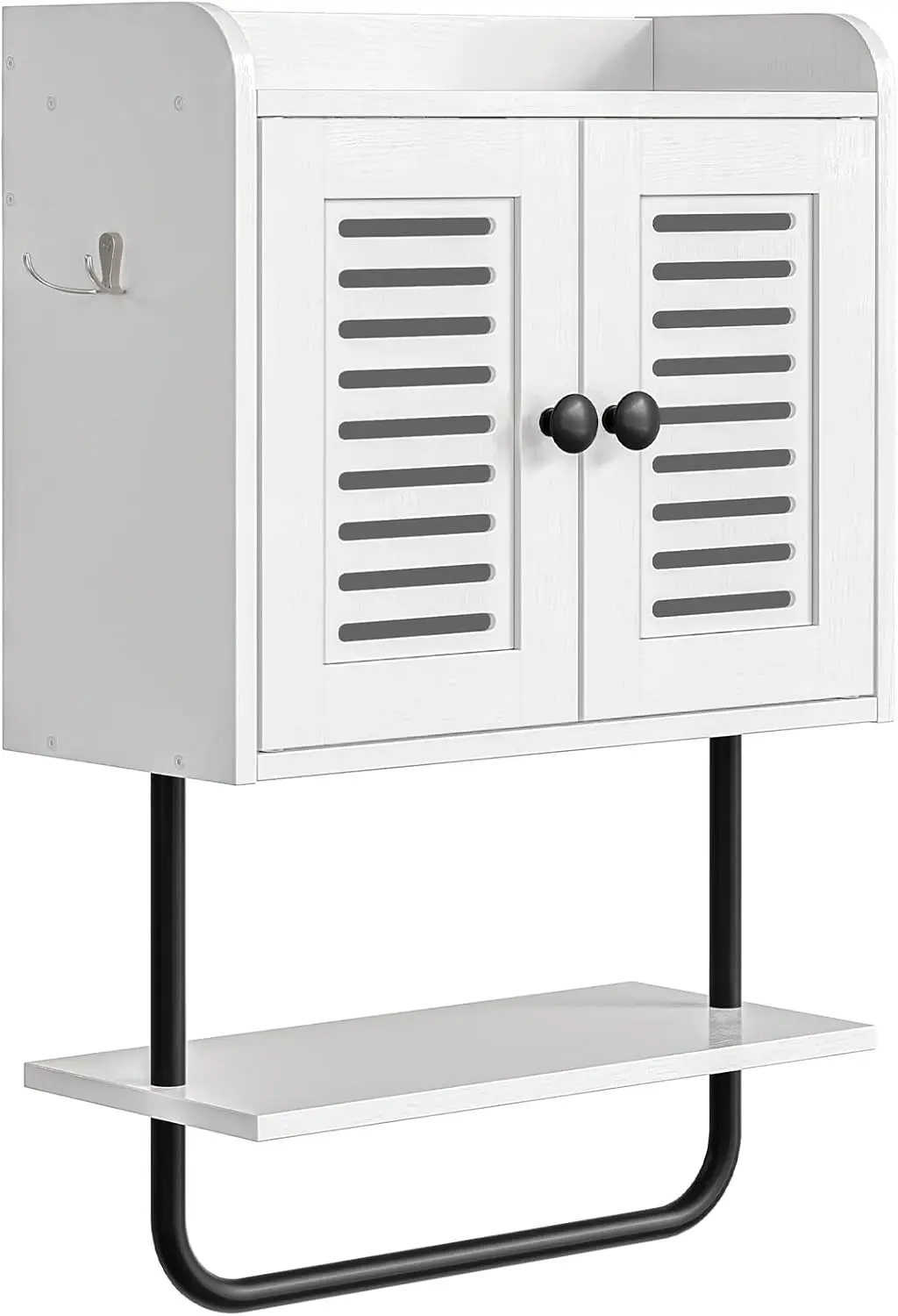 Double Door Bathroom Wall Cabinet with Towel Bar, Adjustable Shelf, and Hooks for Over Toilet Storage in White
Double Door Bathroom Wall Cabinet with Towel Bar, Adjustable Shelf, and Hooks for Over Toilet Storage in White