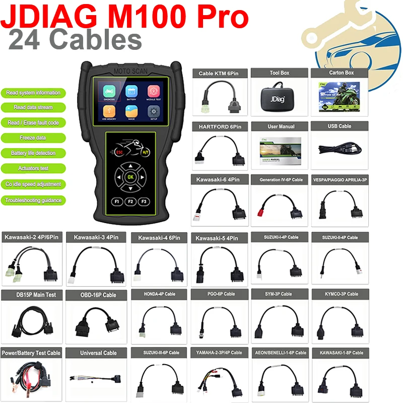 In Stock JDiag M100 Pro Motorcycle Scanner for KTM Battery Tester OBD2 Diagnostic Moto Scan Tools for Suzuki/Honda/ Kawasaki
In Stock JDiag M100 Pro Motorcycle Scanner for KTM Battery Tester OBD2 Diagnostic Moto Scan Tools for Suzuki/Honda/ Kawasaki