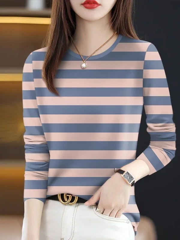 High-End Striped Long-Sleeve T-Shirt Women's Casual Wear Slimming Belly Covering Mommy Clothes Middle-Aged Leisure Fashion
High-End Striped Long-Sleeve T-Shirt Women's Casual Wear Slimming Belly Covering Mommy Clothes Middle-Aged Leisure Fashion