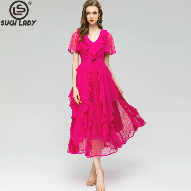 Women's Runway Dresses Sexy V Neck Short Sleeves Ruffles High Street Mid Calf Fashion Designer Vestidos
Women's Runway Dresses Sexy V Neck Short Sleeves Ruffles High Street Mid Calf Fashion Designer Vestidos