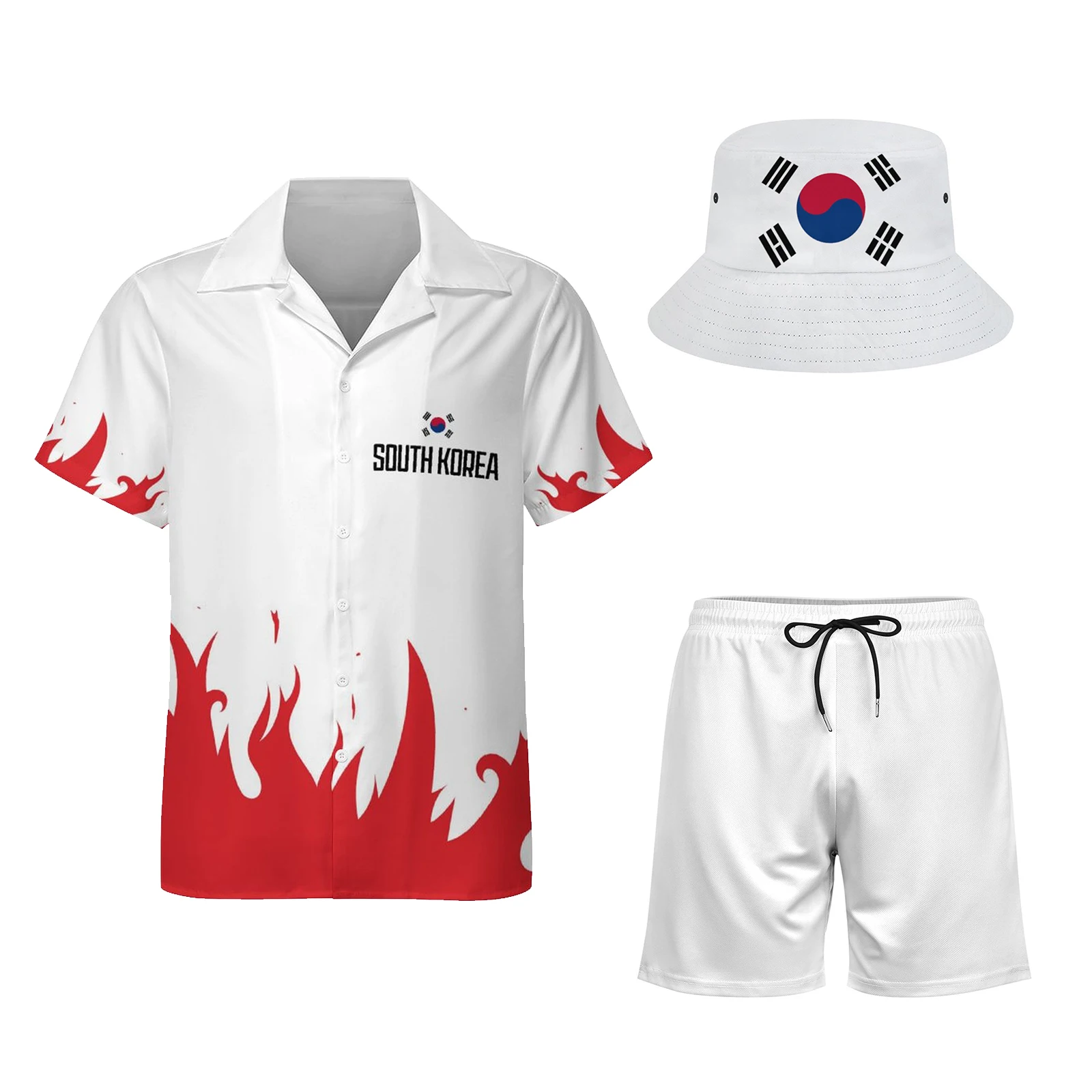 Men's South Korea Flag Inspired Hawaiian Outfit 3PCS Set – Shirt, Drawstring Shorts and Bucket Hat for Holiday & Travel
Men's South Korea Flag Inspired Hawaiian Outfit 3PCS Set – Shirt, Drawstring Shorts and Bucket Hat for Holiday & Travel