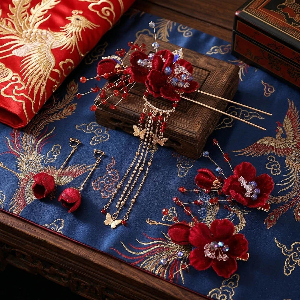 Burgundy Velvet Flower Chinese Wedding Hairpin Set Hand-made Beaded Bridal Headdress
Burgundy Velvet Flower Chinese Wedding Hairpin Set Hand-made Beaded Bridal Headdress