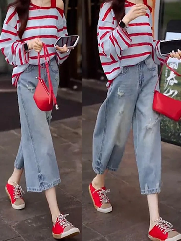 Retro Hong Kong Style Women's Summer Fashion Set Sleeveless Striped Long Sleeve T-Shirt Denim Pants High Waist Loose Fit Casu...
Retro Hong Kong Style Women's Summer Fashion Set Sleeveless Striped Long Sleeve T-Shirt Denim Pants High Waist Loose Fit Casu...