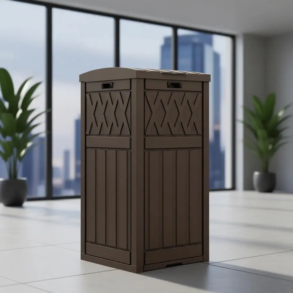 Resin Outdoor Trash Can, 38 Gallon Capacity, Tiered Lid & Drip Tray, Waterproof for Patio, Kitchen, Backyard (Brown)
Resin Outdoor Trash Can, 38 Gallon Capacity, Tiered Lid & Drip Tray, Waterproof for Patio, Kitchen, Backyard (Brown)