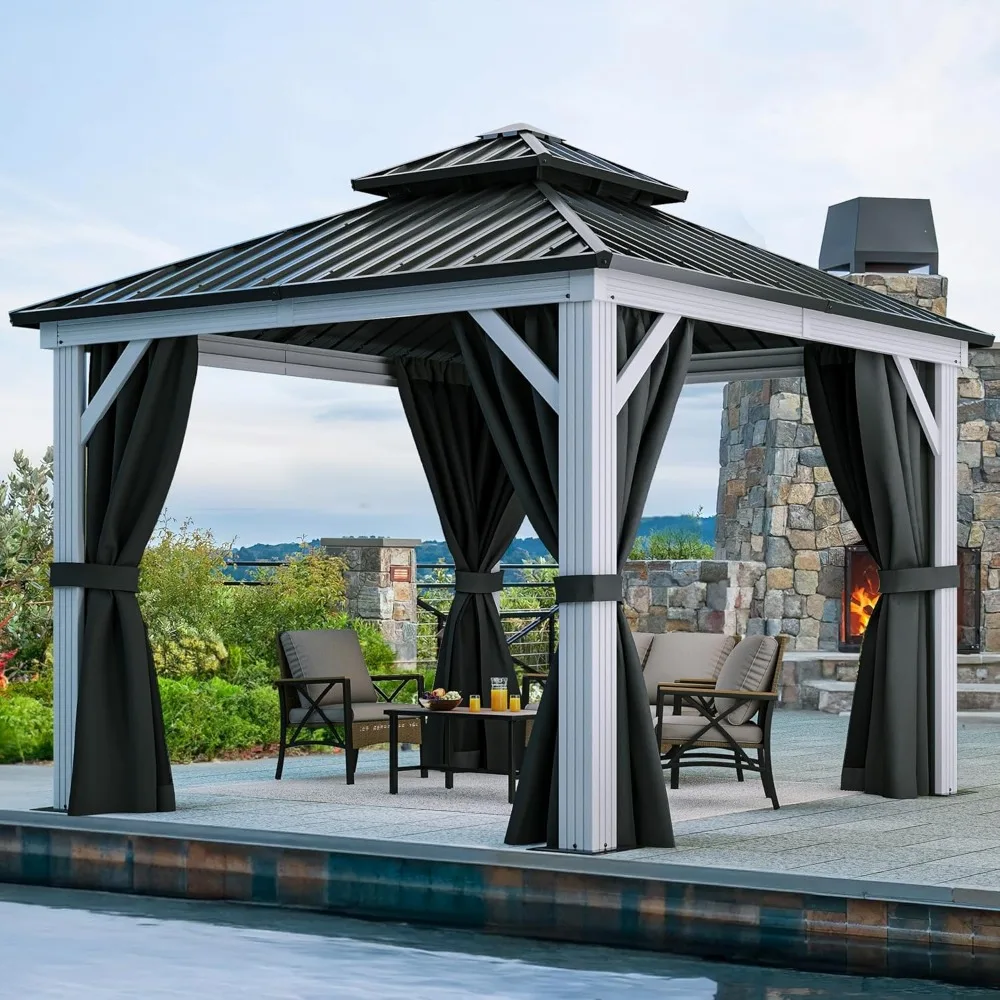 White Gazebo 10x10ft Hardtop Double Roof Canopy Galvanized Iron Aluminum Frame Outdoor Gazebo with Netting and Shaded
White Gazebo 10x10ft Hardtop Double Roof Canopy Galvanized Iron Aluminum Frame Outdoor Gazebo with Netting and Shaded