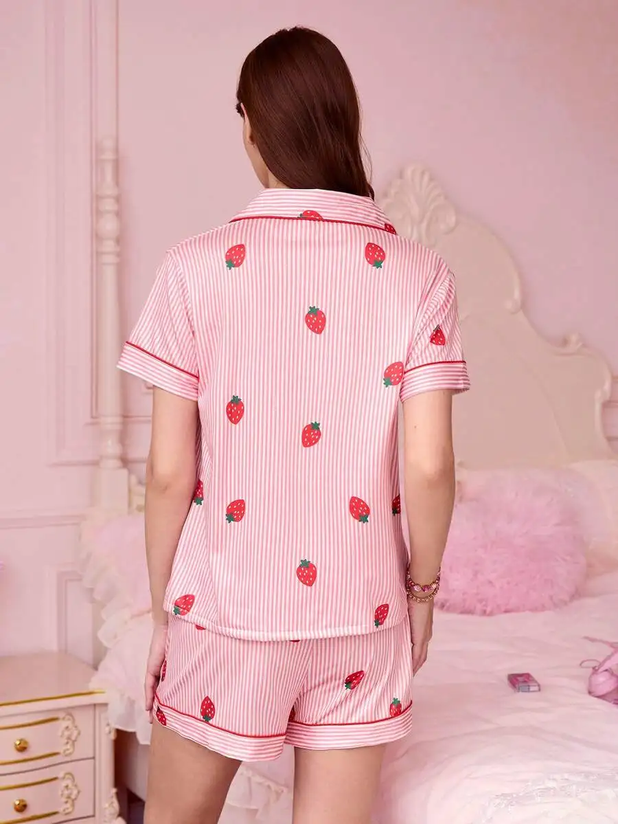 2pcs Women Pajamas Set Strawberry Striped Print Short Sleeve Shirt Collar Top And Loose Shorts
2pcs Women Pajamas Set Strawberry Striped Print Short Sleeve Shirt Collar Top And Loose Shorts