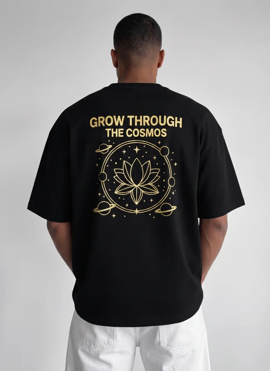Cosmic Lotus Graphic Tee Black Gold Back Print Grow through the Cosmos Inspirational Floral Galaxy Design Printed Tee Casual
Cosmic Lotus Graphic Tee Black Gold Back Print Grow through the Cosmos Inspirational Floral Galaxy Design Printed Tee Casual