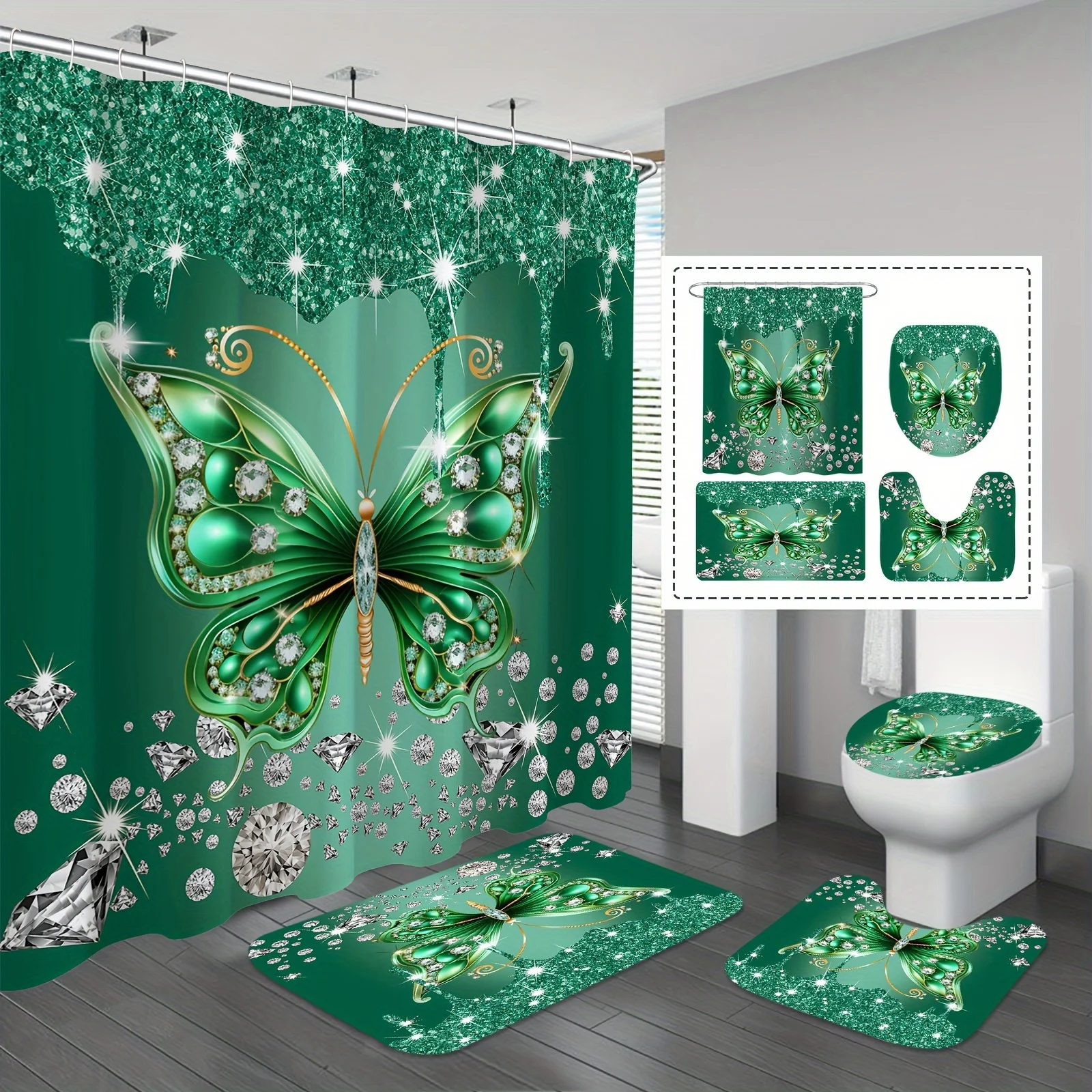 Elegant Green Butterfly Bathroom Four-Piece Set - Featuring a Stunning Design with Sparkling Butterflies and Crystals, Perfect
Elegant Green Butterfly Bathroom Four-Piece Set - Featuring a Stunning Design with Sparkling Butterflies and Crystals, Perfect
