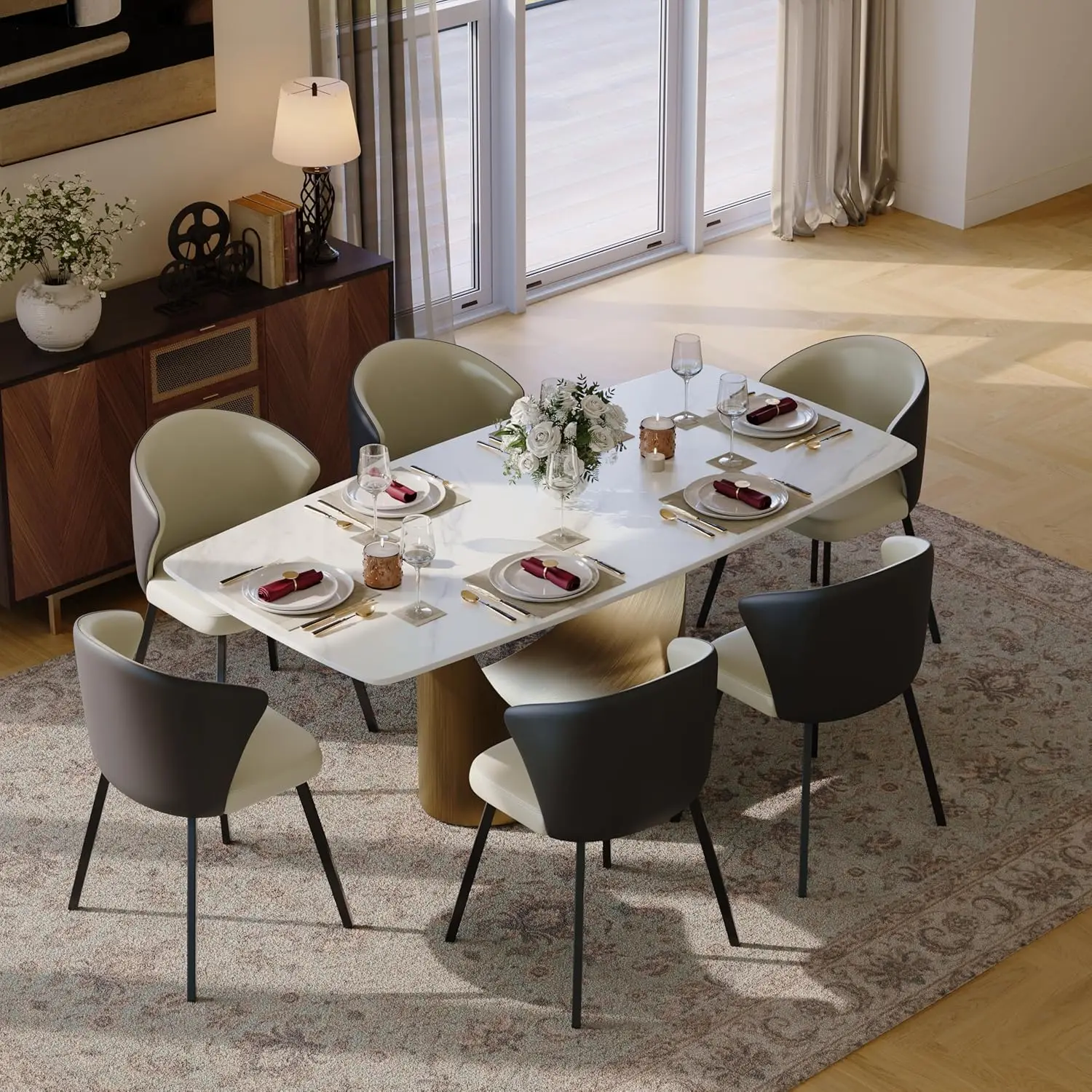 Modern Dining Table For 6, White Dining Table Sintered Stone Dining Table Top With Bronze Carbon Steel Pedestal
Modern Dining Table For 6, White Dining Table Sintered Stone Dining Table Top With Bronze Carbon Steel Pedestal