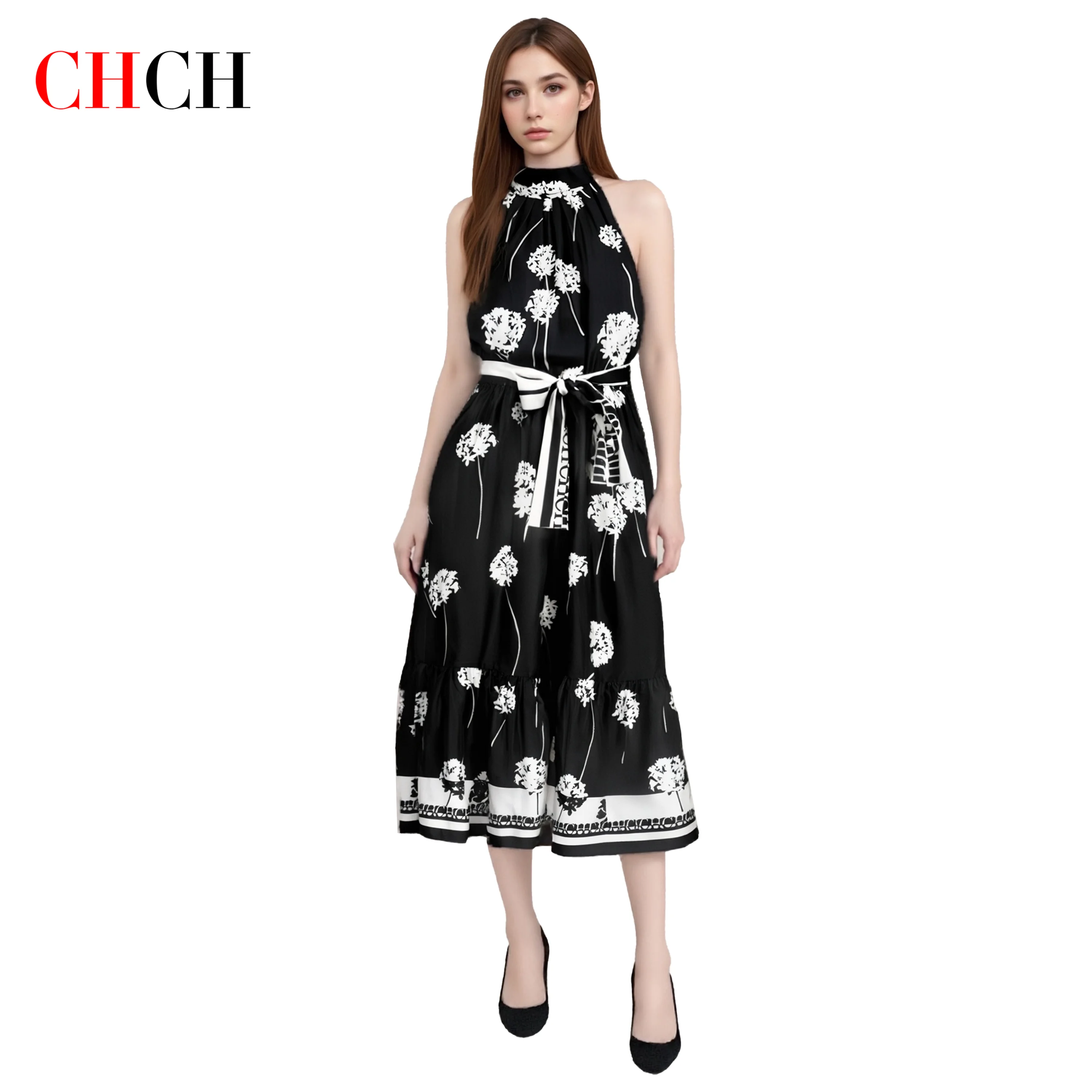 CHCH Women's Long Dress Summer New Black Printed Sexy Hanging Collar Dress Casual Party 
CHCH Women's Long Dress Summer New Black Printed Sexy Hanging Collar Dress Casual Party