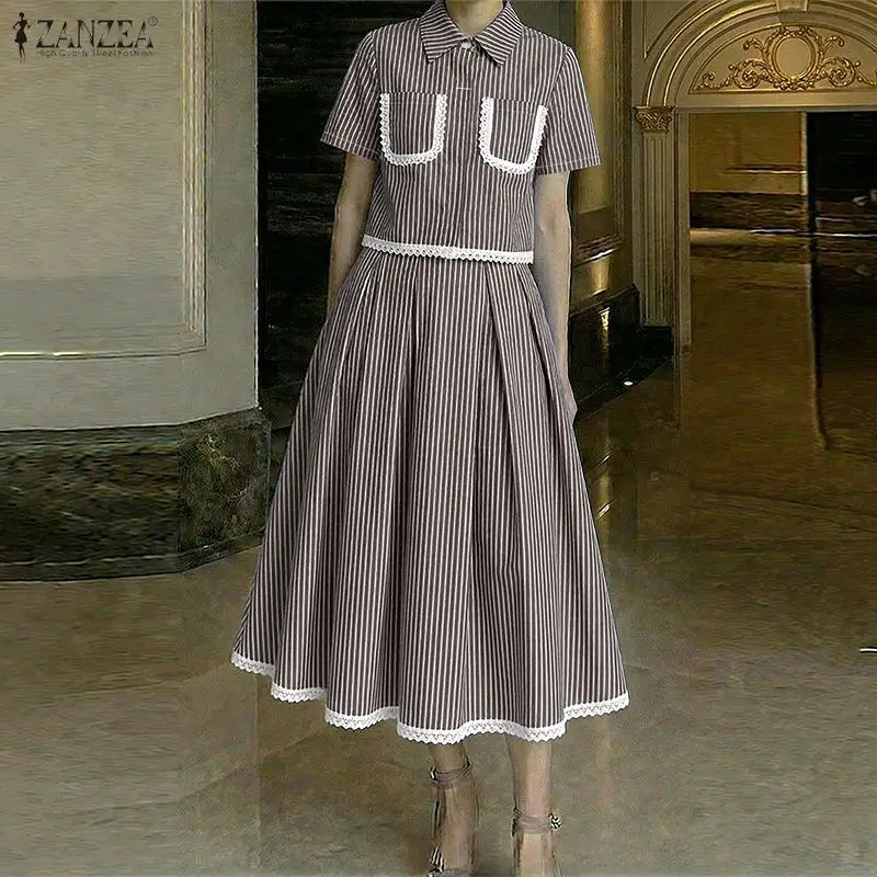 Women's Lace Trim Striped Skirt Suits Short Sleeve Crop Shirt & A-Line Midi Skirt 2 Pieces Sets ZANZEA Fashion Woman 2pc Outfits
Women's Lace Trim Striped Skirt Suits Short Sleeve Crop Shirt & A-Line Midi Skirt 2 Pieces Sets ZANZEA Fashion Woman 2pc Outfits
