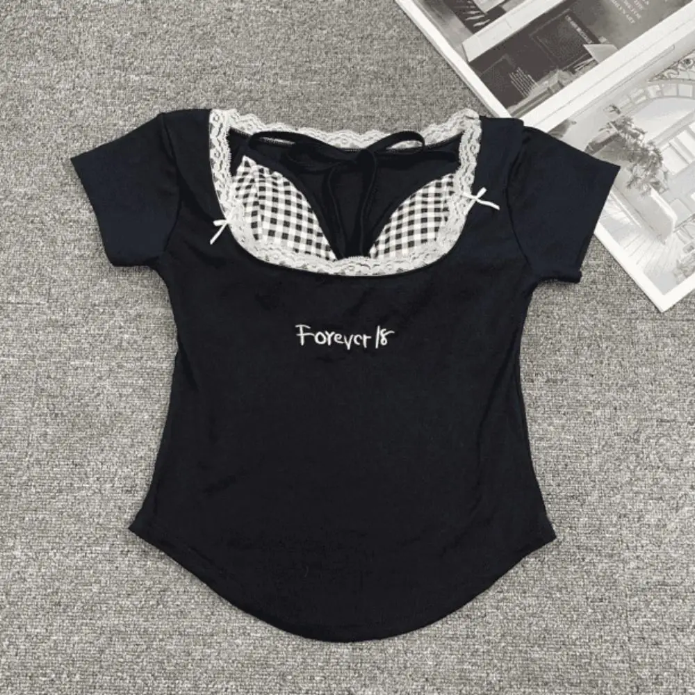Ins Lace-up Lace Plaid T Shirts Letter Spicy Girl Fake Two Pieces Top Sweet Korean Style Slim Y2k Crop Top Party
Ins Lace-up Lace Plaid T Shirts Letter Spicy Girl Fake Two Pieces Top Sweet Korean Style Slim Y2k Crop Top Party