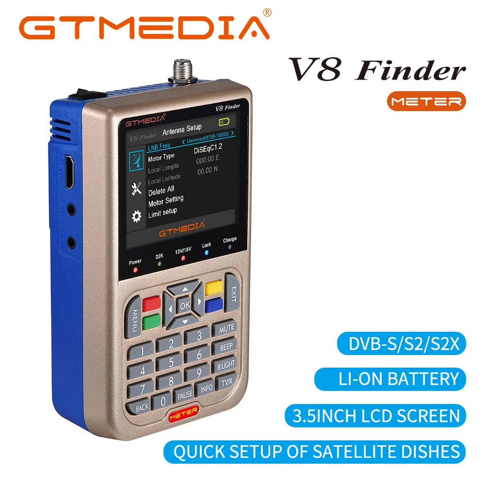 GTMEDIA V8 Finder Meter: Измерение сигналов DVB-S/S2/S2X; Поддержка Full HD (H.264); Функции AV IN и AV/HD OUT.
GTMEDIA V8 Finder Meter: Измерение сигналов DVB-S/S2/S2X; Поддержка Full HD (H.264); Функции AV IN и AV/HD OUT.