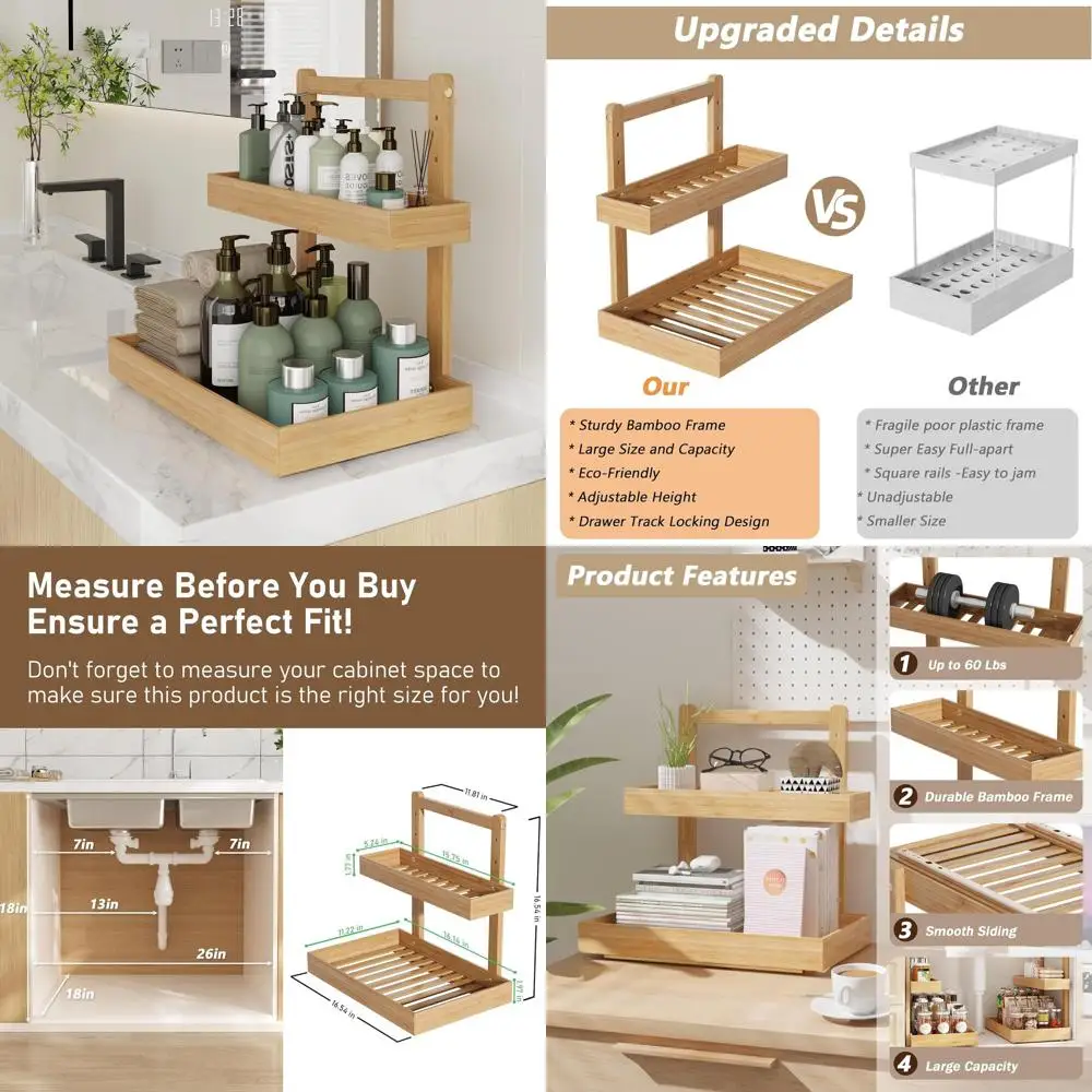 Двухуровневый выдвижной органайзер из бамбука под раковину для хранения на кухне и в ванной
Двухуровневый выдвижной органайзер из бамбука под раковину для хранения на кухне и в ванной
