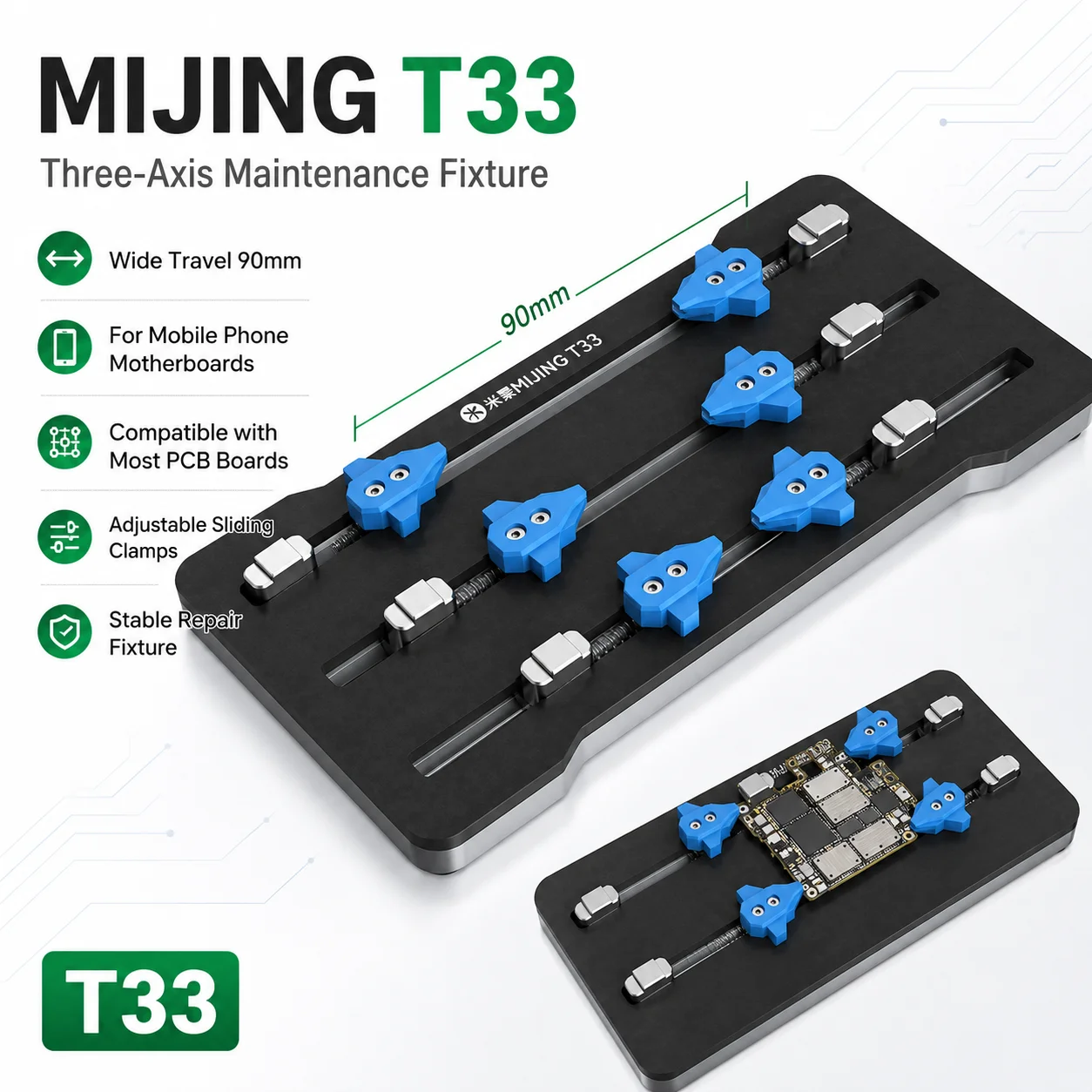 MIJING T33 Three-Axis Maintenance Fixture Adjustable Clamp for Mobile Phone Motherboard PCB Repair Holder Platform Tool
MIJING T33 Three-Axis Maintenance Fixture Adjustable Clamp for Mobile Phone Motherboard PCB Repair Holder Platform Tool