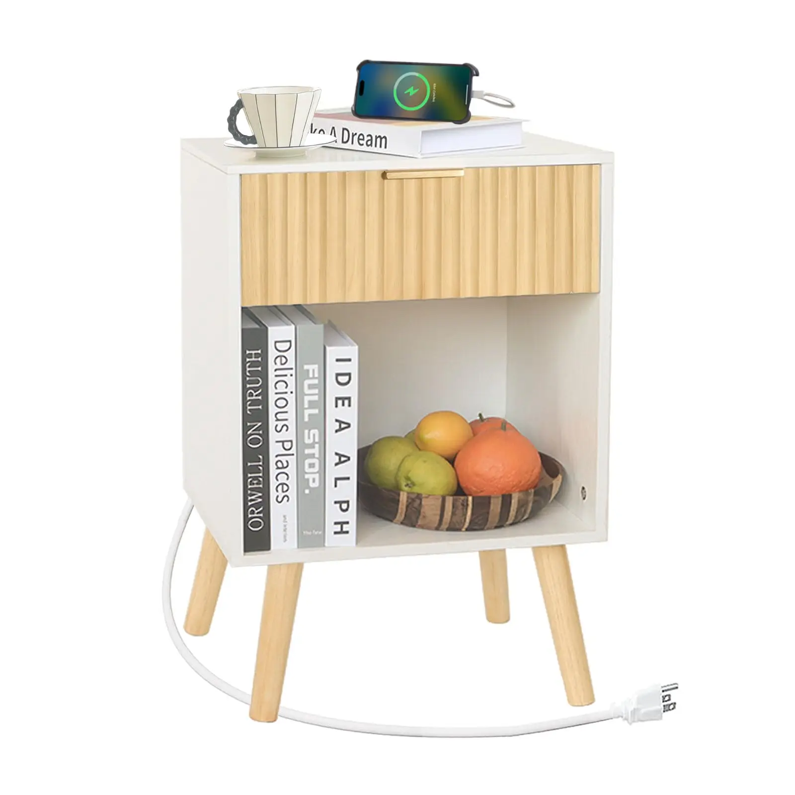 Modern White Nightstand With Fluted Drawer And Open Shelf, Solid Wood Legs For Bedroom Or Living Room
Modern White Nightstand With Fluted Drawer And Open Shelf, Solid Wood Legs For Bedroom Or Living Room