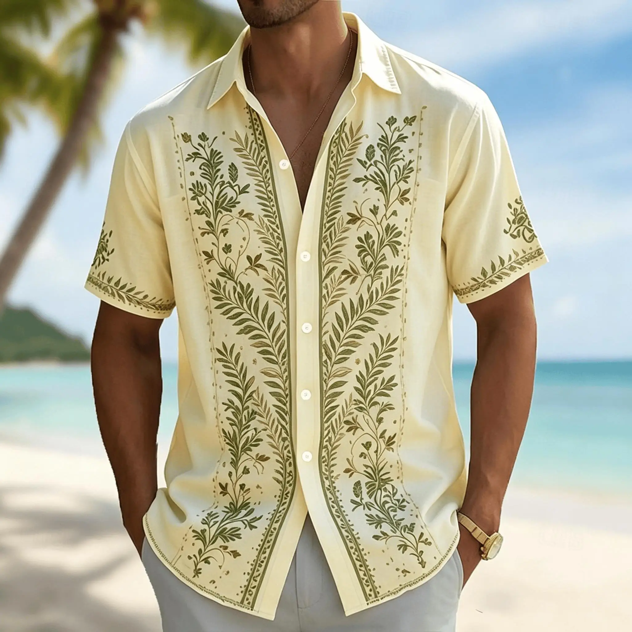 Men's Light Yellow Vintage Botanical Print Short Sleeve Shirt, Casual Button Down with Green Leaf Vine Pattern for Spring Summe
Men's Light Yellow Vintage Botanical Print Short Sleeve Shirt, Casual Button Down with Green Leaf Vine Pattern for Spring Summe