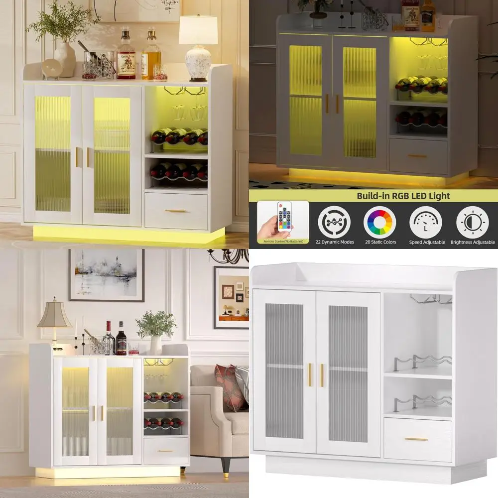 Illuminated Wine and Coffee Bar Cabinet with Glass Doors for Kitchen and Dining Room, White
Illuminated Wine and Coffee Bar Cabinet with Glass Doors for Kitchen and Dining Room, White