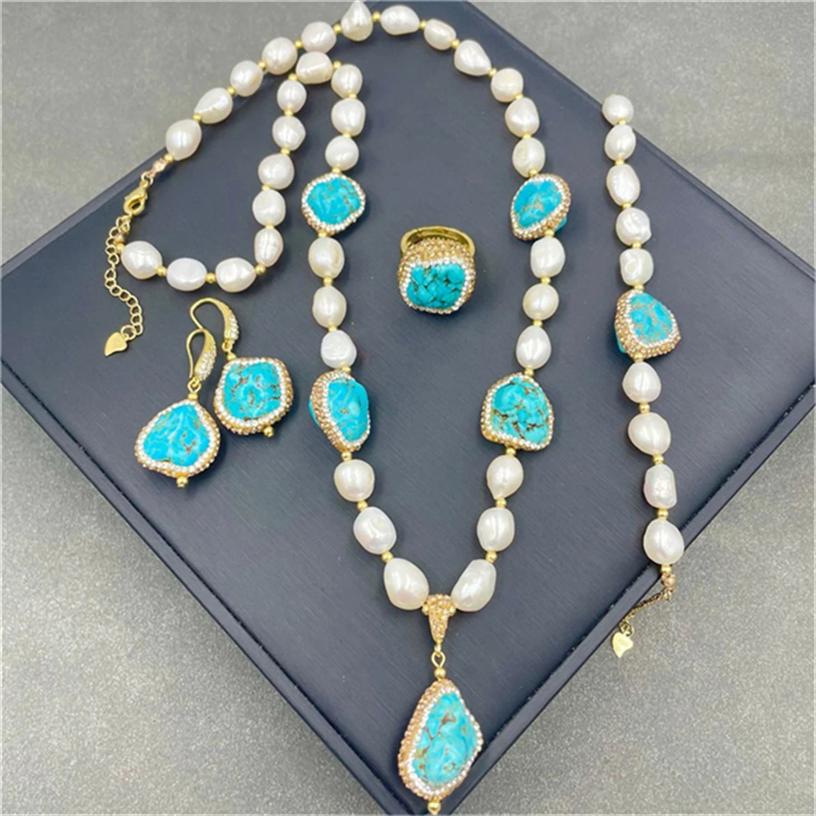 Turkish Natural IrregularTurquoise Jewelry Women Baroque Freshwater Pearl Crystal Necklace Ring Earring Set Party Wedding Acces
Turkish Natural IrregularTurquoise Jewelry Women Baroque Freshwater Pearl Crystal Necklace Ring Earring Set Party Wedding Acces