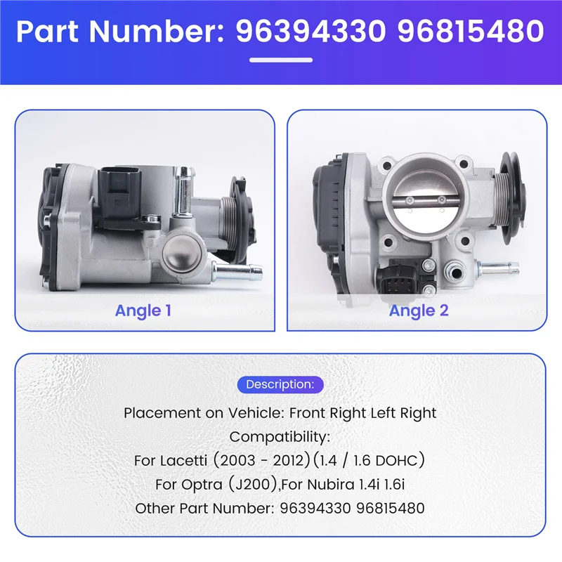 96394330 96815480 Throttle Body Assembly Air Intake System For Lacetti Optra J200 Daewoo Nubira
96394330 96815480 Throttle Body Assembly Air Intake System For Lacetti Optra J200 Daewoo Nubira