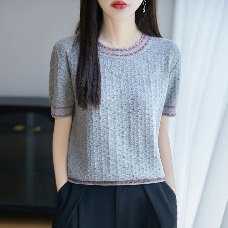 Women's T-shirt summer new 100% pure cotton sweater short sleeved casual O-neck color blocked pullover fashionable soft top
Women's T-shirt summer new 100% pure cotton sweater short sleeved casual O-neck color blocked pullover fashionable soft top