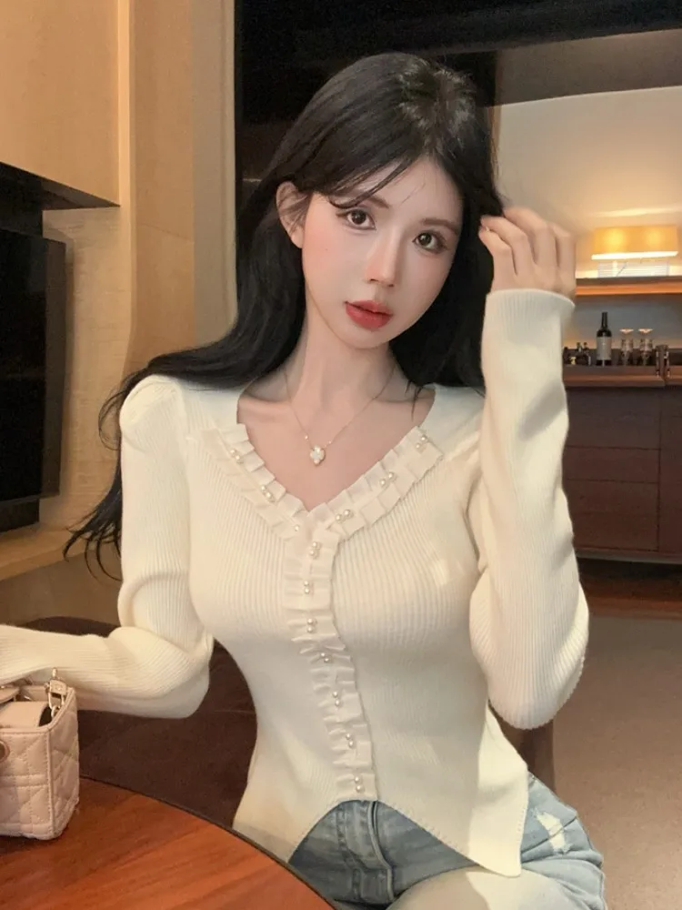 Fashionable Lace Splice Design V-Neck Beaded High-End Feelment Open Split Bubble Sleeve Knitted Sweater Korean Style Commute
Fashionable Lace Splice Design V-Neck Beaded High-End Feelment Open Split Bubble Sleeve Knitted Sweater Korean Style Commute