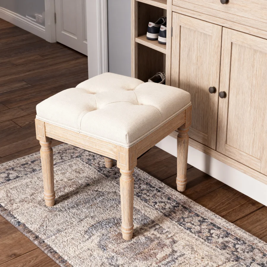 Small padded bench for bedroom vanity use, upholstered in beige fabric, rustic square ottoman stool, 15.75 x 15.75 x 15.75, sof
Small padded bench for bedroom vanity use, upholstered in beige fabric, rustic square ottoman stool, 15.75 x 15.75 x 15.75, sof