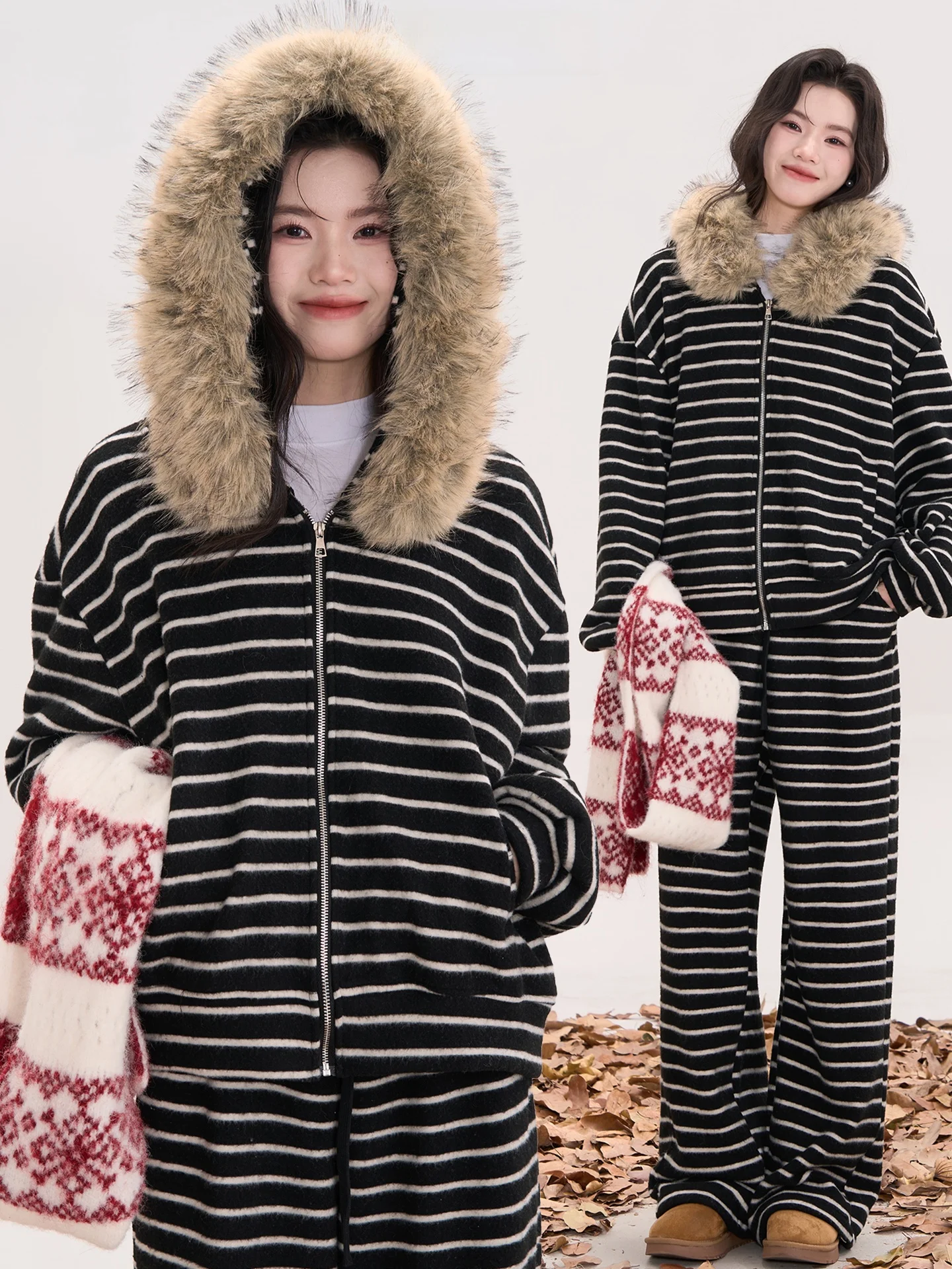 Romantic Casual Striped Hoodie And Pants Set Women's Large Fur Collar Autumn Winter Fashion Ensemble Thickened Polyester Long...
Romantic Casual Striped Hoodie And Pants Set Women's Large Fur Collar Autumn Winter Fashion Ensemble Thickened Polyester Long...