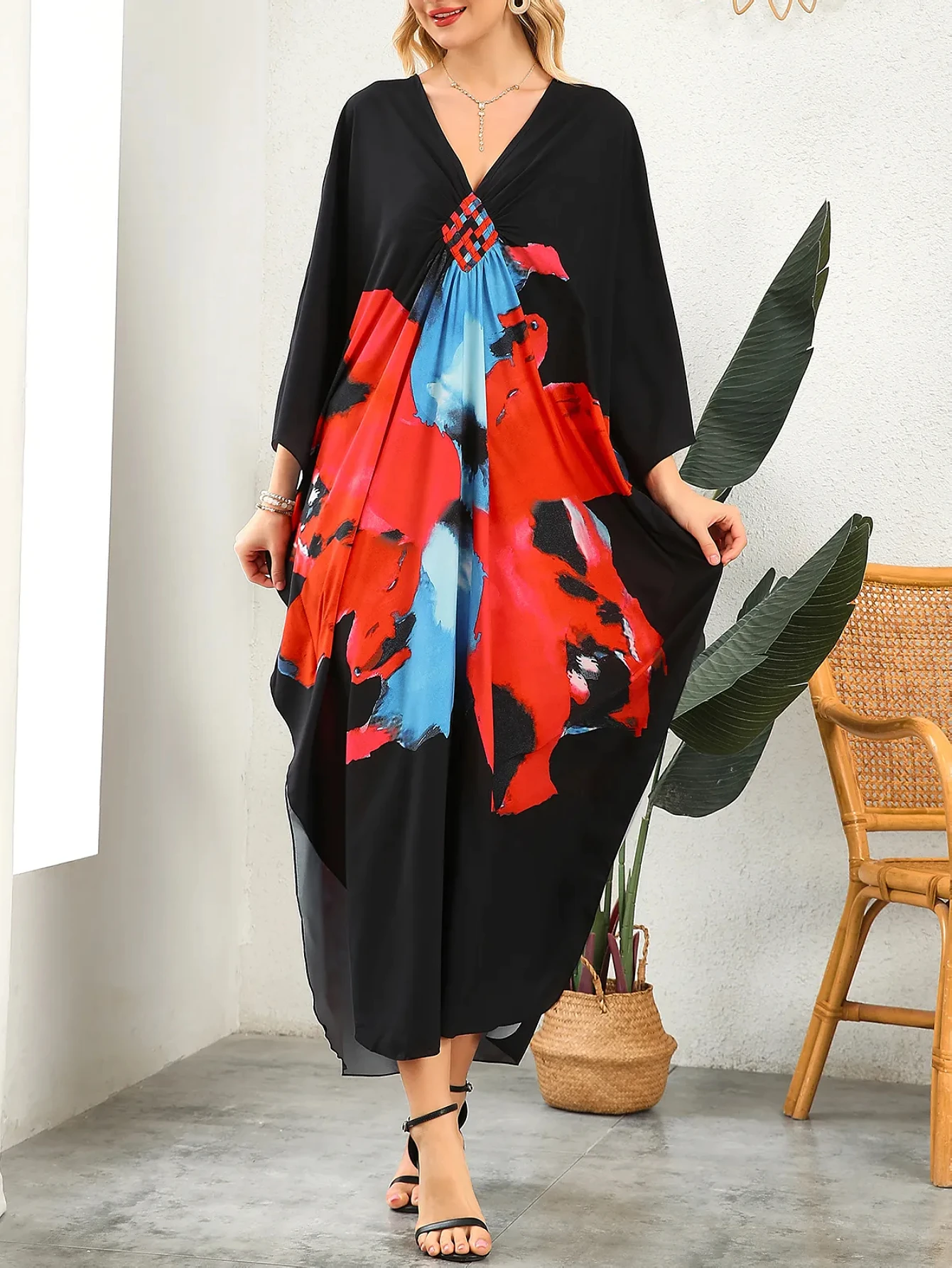 Women Kaftan Dresses Plus Size V-Neck Batwing Sleeves Beach Cover Up Summer Floral Print Caftan Dress
Women Kaftan Dresses Plus Size V-Neck Batwing Sleeves Beach Cover Up Summer Floral Print Caftan Dress