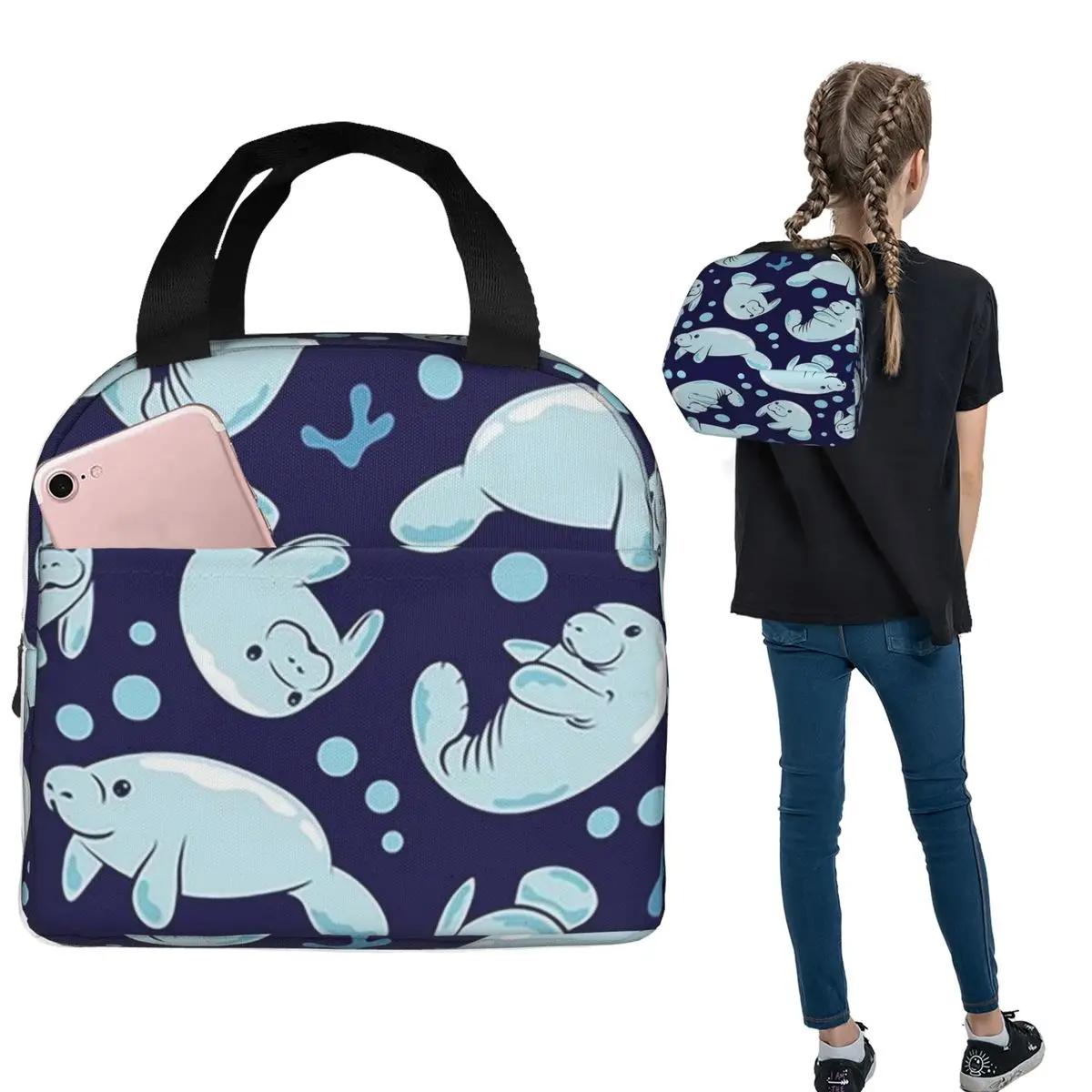 Cute Manatee Pattern - Blue Underwater Pattern Insulated Lunch Bag for Women Kids Portable Food Boxes Thermal Lunch Box Tote
Cute Manatee Pattern - Blue Underwater Pattern Insulated Lunch Bag for Women Kids Portable Food Boxes Thermal Lunch Box Tote