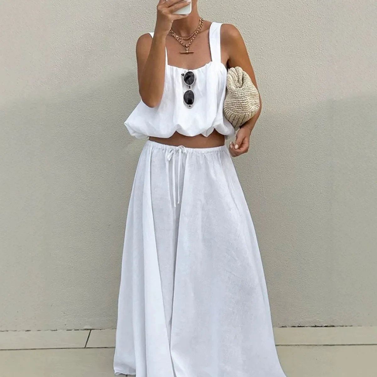 Summer Casual Loose Holiday Two Piece Sets Elegant High Waist Pants Outfit Simple White Halter Crop Tops&Lantern Long Skirt Sets
Summer Casual Loose Holiday Two Piece Sets Elegant High Waist Pants Outfit Simple White Halter Crop Tops&Lantern Long Skirt Sets