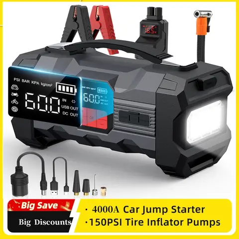 26800mAh Jump Starter with Air Compressor 4000A Booster Tyre Inflator Portable Car Battery Power Bank Charger Air Pump