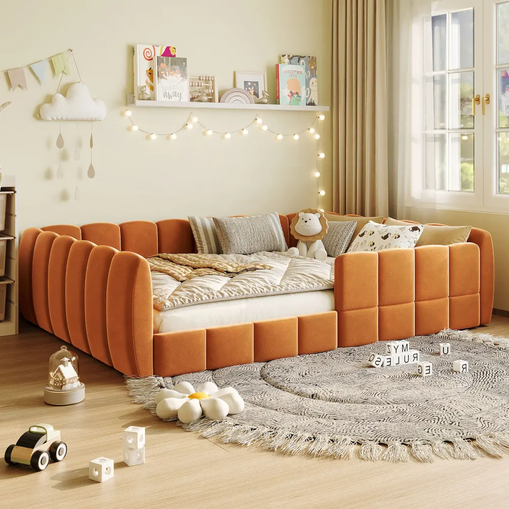 Pumpkin-orange, Full-size Luxury Velvet Upholstered Floor Bed Featuring A Safety Rail—ideal for Children and Pets. It Combines A Low-profile Design with Excellent Breathability and A Stylish Color Palette That Complements Any Home Décor.
Pumpkin-orange, Full-size Luxury Velvet Upholstered Floor Bed Featuring A Safety Rail—ideal for Children and Pets. It Combines A Low-profile Design with Excellent Breathability and A Stylish Color Palette That Complements Any Home Décor.