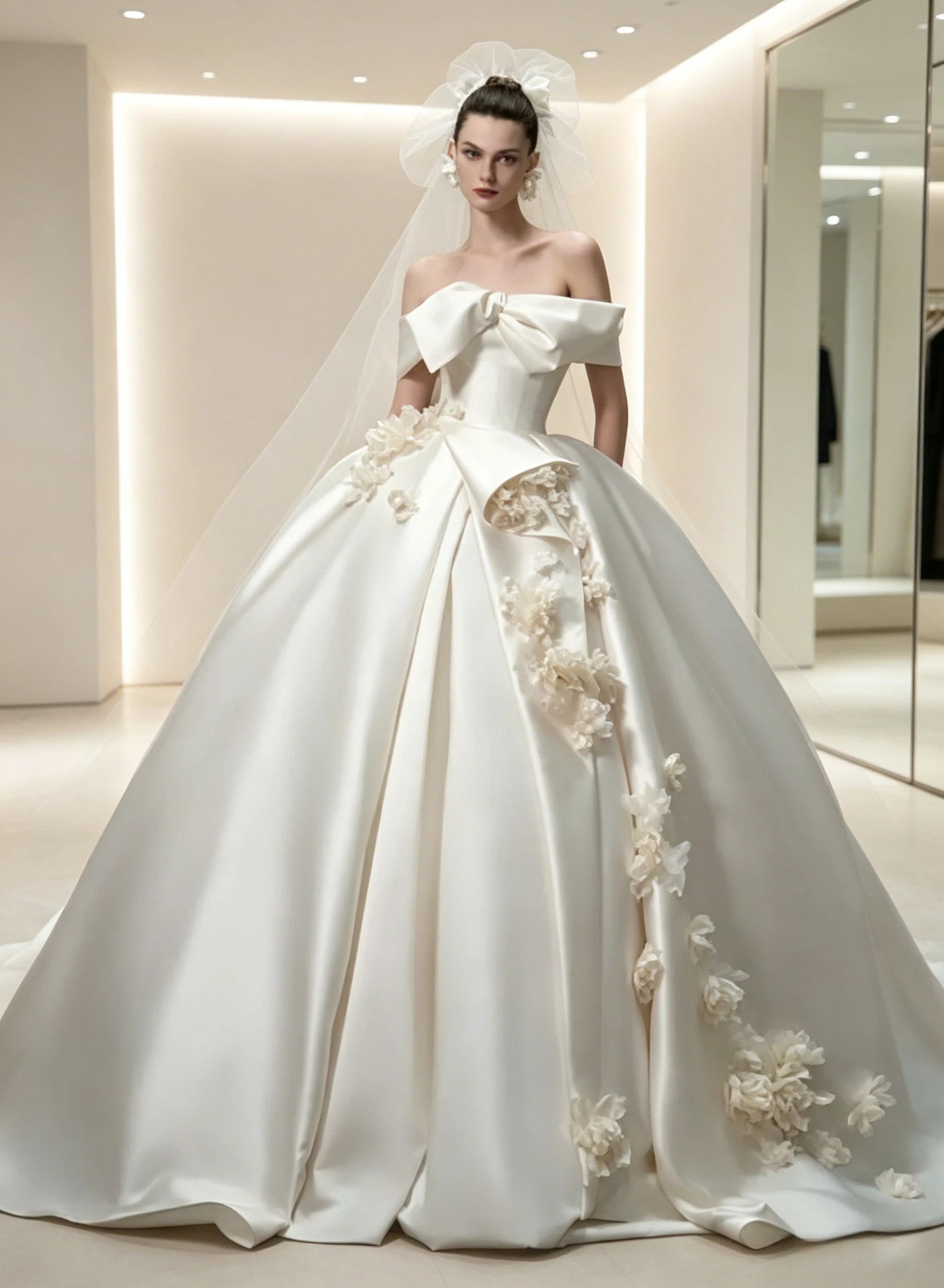 Custom Classic Off Shoulder Big Bow Floral Applique Lustrous Satin Ball Gown EmbroideryBack Floor-Length Sweep Train Bridal Gown
Custom Classic Off Shoulder Big Bow Floral Applique Lustrous Satin Ball Gown EmbroideryBack Floor-Length Sweep Train Bridal Gown