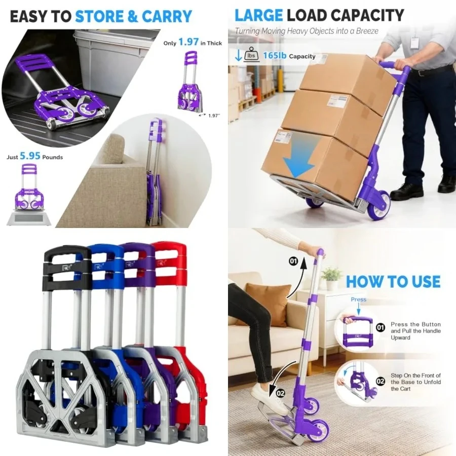 Folding Hand Truck Aluminum Portable Folding Hand Cart 165lbs Capacity Handy Dolly Cart Ideal for Home, Auto, Office,Travel Use,Purple
Folding Hand Truck Aluminum Portable Folding Hand Cart 165lbs Capacity Handy Dolly Cart Ideal for Home, Auto, Office,Travel Use,Purple