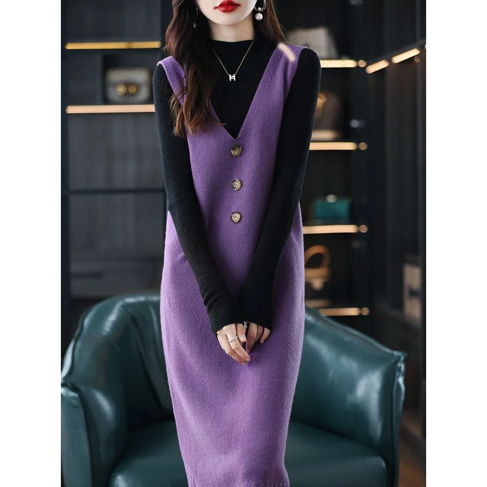 Loose Base Layer Shirt Sweater Dress Polyester Ice Silk V-neck Sleeveless Autumn Over-Knee Knitted Dress Women's Vest Dress
Loose Base Layer Shirt Sweater Dress Polyester Ice Silk V-neck Sleeveless Autumn Over-Knee Knitted Dress Women's Vest Dress
