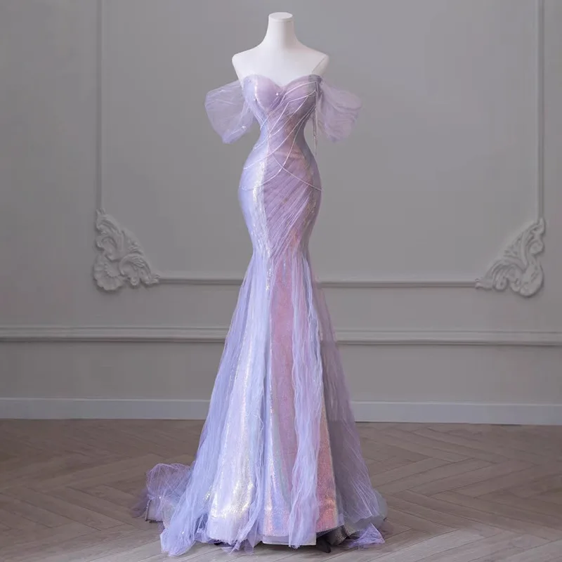 Sleeveless New Luxury Evening Dress Off The Shoulder Sequined Banquet Mermaid Prom Dress Lace Up Vestido De Novia
Sleeveless New Luxury Evening Dress Off The Shoulder Sequined Banquet Mermaid Prom Dress Lace Up Vestido De Novia